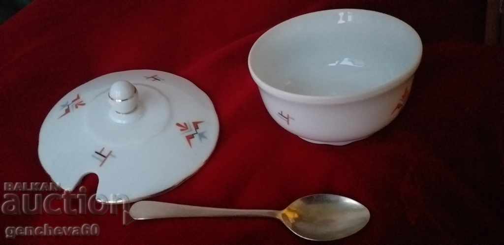 Fine porcelain sugar bowl and silver spoon - 5