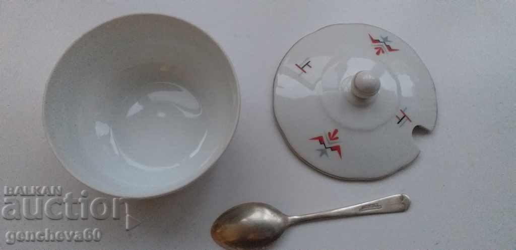 Fine porcelain sugar bowl and silver spoon - 6