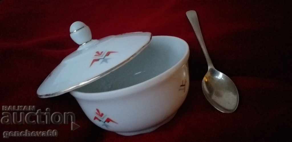 Fine porcelain sugar bowl and silver spoon - 7