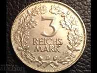 Германия Ваймар 3 марки 1925 D отлична сребърна монета