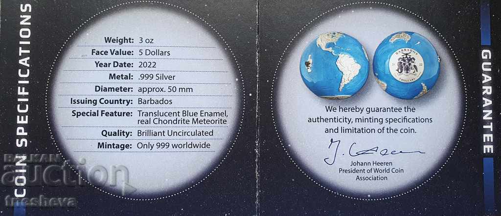 Auction  Silver 3 Oz Marble Blue Earth - COLOR + CERTIFICATE