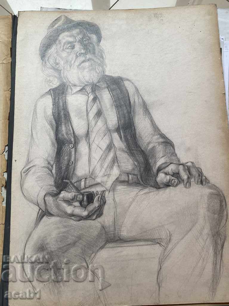 Sketch an old man with a pipe