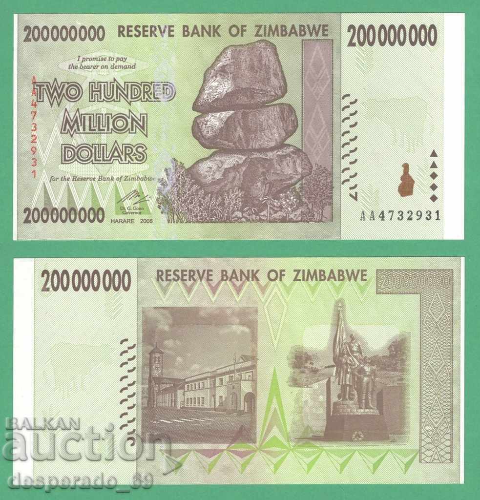 ¯` '• .¸ ZIMBABWE $ 200,000,000 2008 UNC with defect