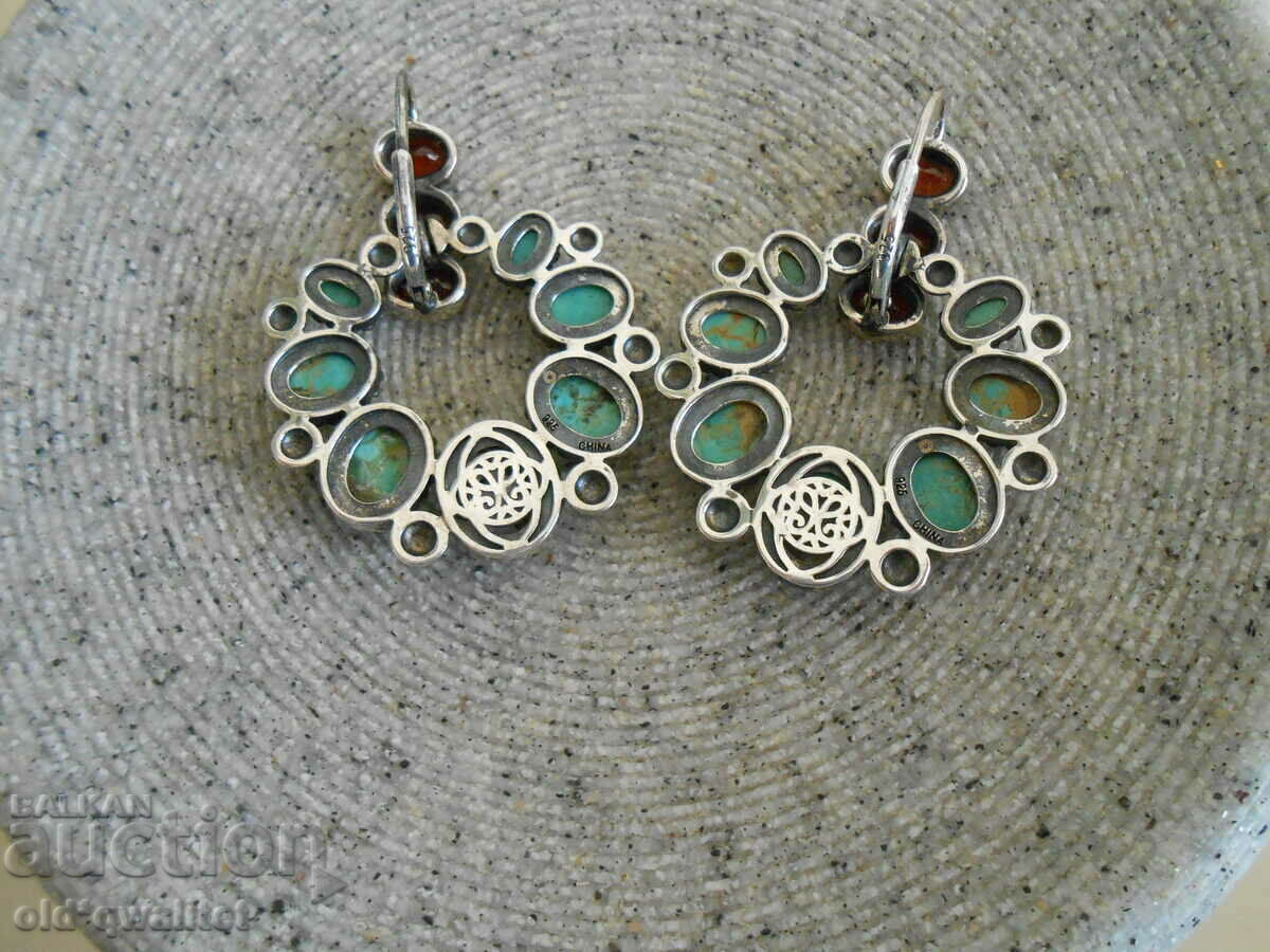 Сребърни обици, Камък: Гранат и Тюркоаз, Сребро 925 - 6 Сребърни обици, Камък: Гранат и Тюркоаз, Сребро 925 - 6