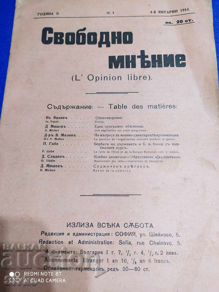 Free Opinion Magazine January 4, 1914 Free Opinion Magazine January 4, 1914