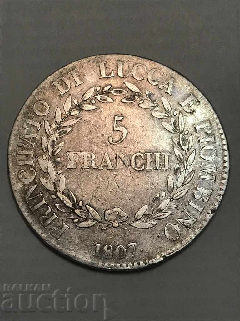 Italy France Lucca and Piombino 5 Francs 1807 Silver