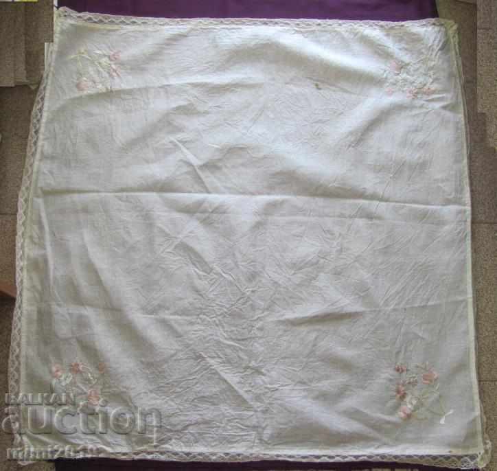 Auction 20's Hand Embroidered Square, Tablecloth with Lace Auction 20's Hand Embroidered Square, Tablecloth with Lace
