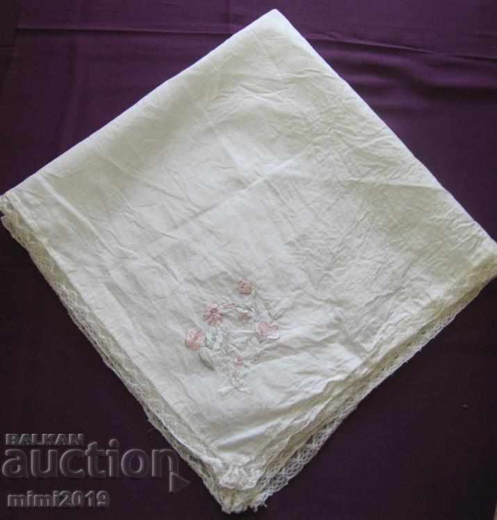 20's Hand Embroidered Square, Tablecloth with Lace - 5 20's Hand Embroidered Square, Tablecloth with Lace - 5