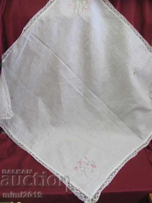 20's Hand Embroidered Square, Tablecloth with Lace - 6 20's Hand Embroidered Square, Tablecloth with Lace - 6