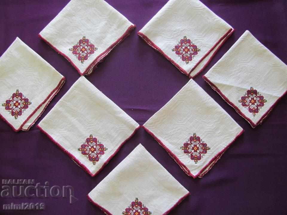 19th century Hand Embroidered Napkins with Folk Motifs 7 pieces