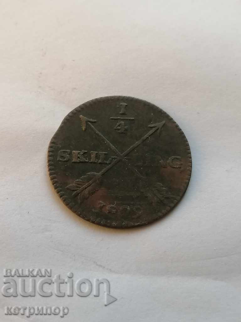 Швеция 1/4 скилинг 1829г. медна монета