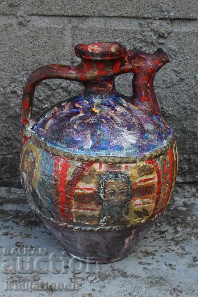 Аукцион СТАРА РЪЧНО РИСУВАНА ГОЛЯМА СТОМНА ДЕЛВА КРОНДИР ИКОНА ИСУС