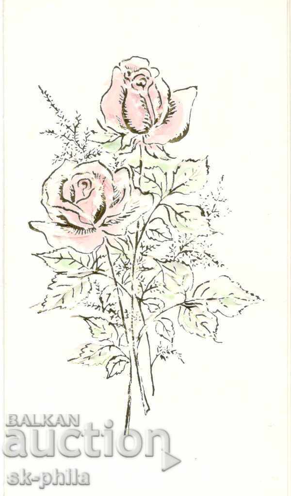 Postcard - Greeting, Roses - double, embossed