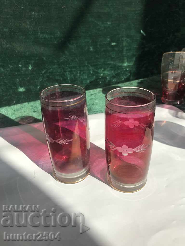 Pahare cu apa - sticla subtire colorata gravata manual