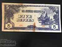 Burma Japanese Occupation 5 Rupees 1942 Pick 15b Ref BB