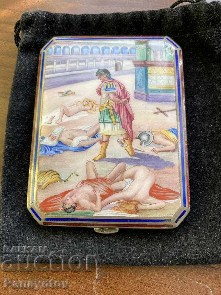 Snuffbox silver enamel erotica rare ROME GLADIATORS BATTLE