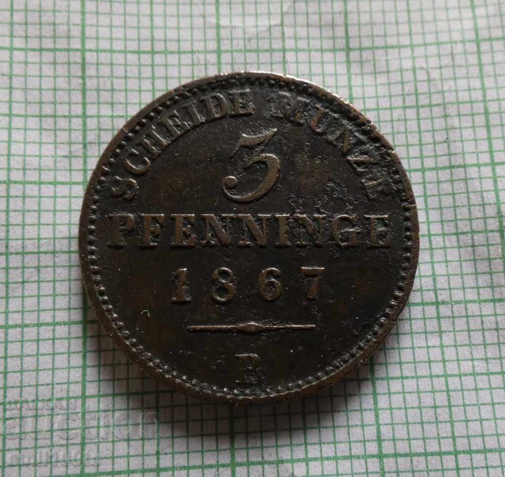 3 pfennigs 1/120 από το thaler 1867 Γερμανία Πρωσία