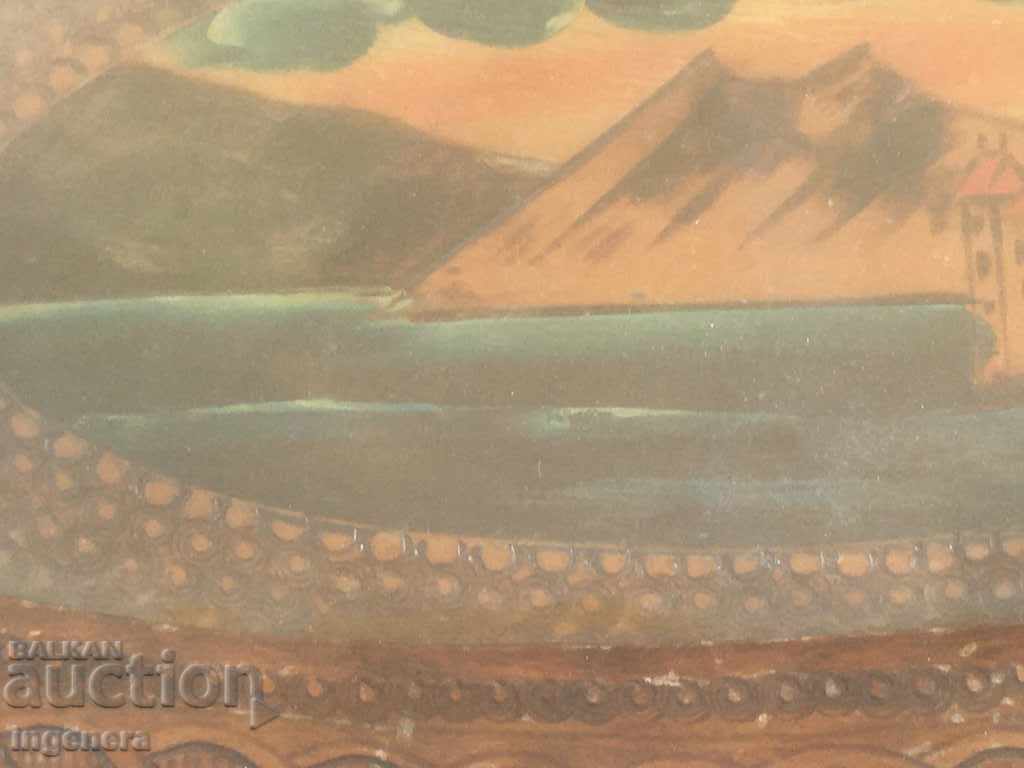 Auction TRAY PLATE ANTIQUE CARVING GLASS WOOD PYROGRAPHY Auction TRAY PLATE ANTIQUE CARVING GLASS WOOD PYROGRAPHY