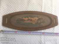 TRAY PLATE ANTIQUE CARVING GLASS WOOD PYROGRAPHY