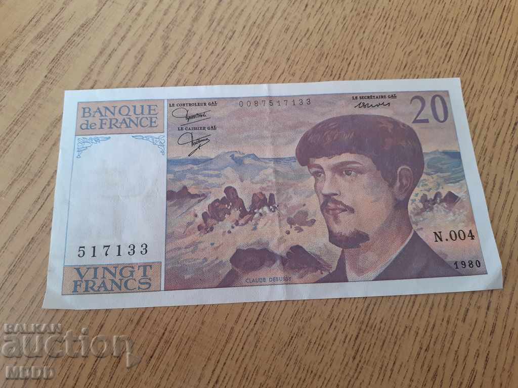 Old, beautiful banknote of France 20. fr.