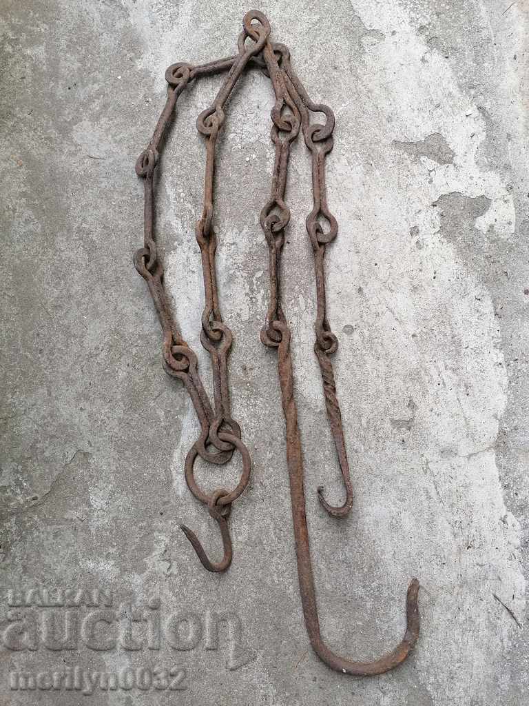 Licitație Vechiul cârlig lanț forjat, cârlige cuier lanț focar