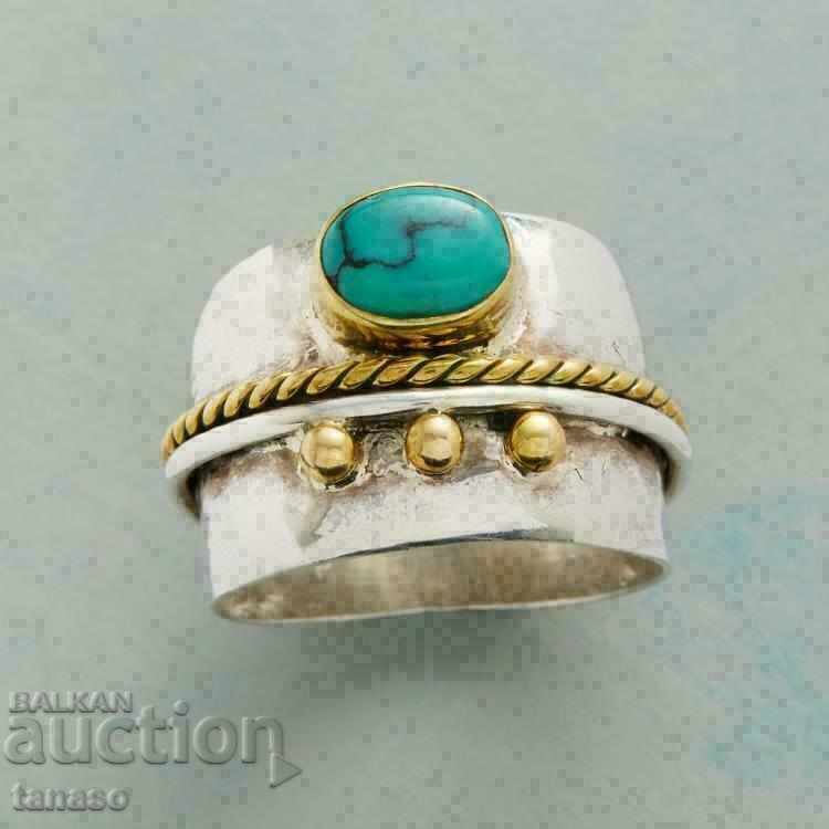 Retro style ring with natural turquoise, silver-plated № 56