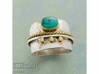 Inel în stil retro cu turcoaz natural, placat cu argint № 56
