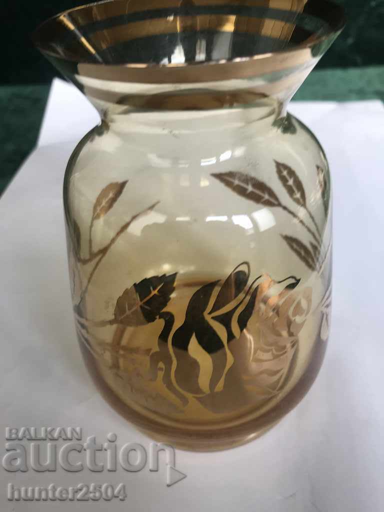 Sticlă colorată în vază, decor auriu BG, înălțime 15 cm