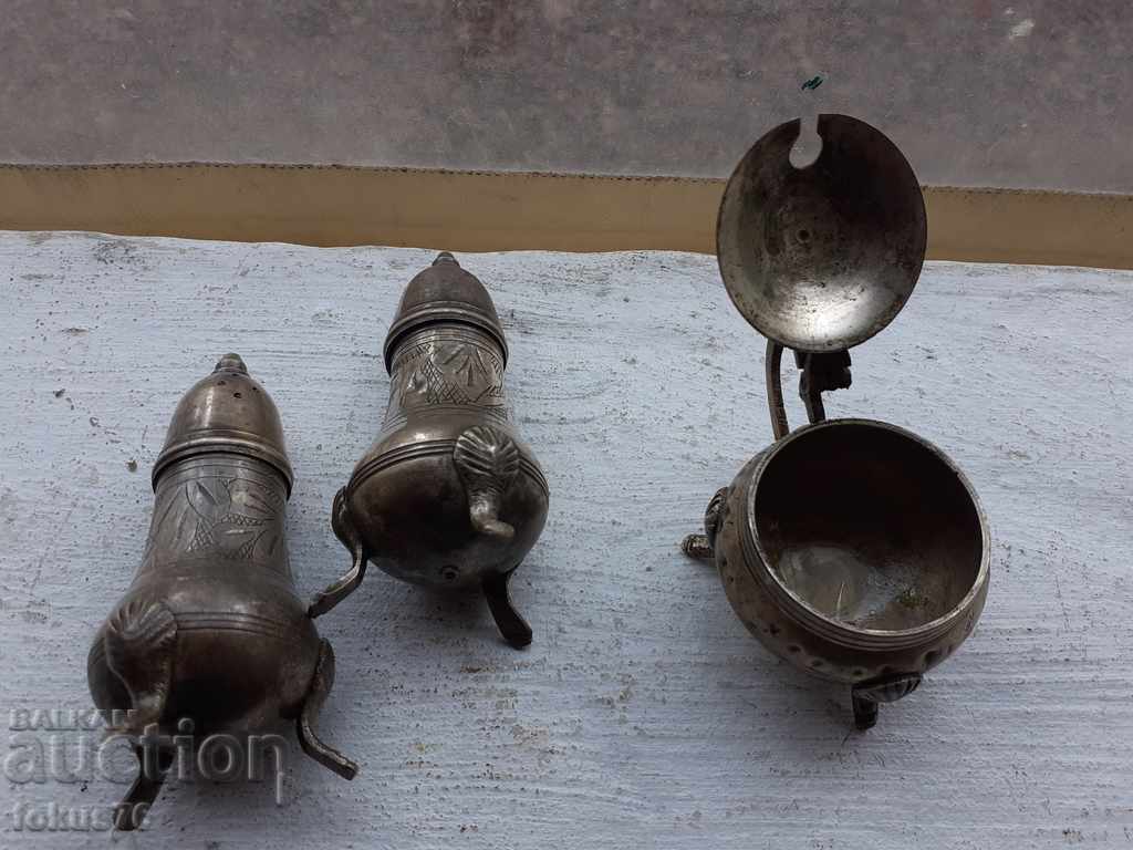 Old antique baroque set of small salt shakers with price 70.00 BGN | € 35.79 Old antique baroque set of small salt shakers with price 70.00 BGN | € 35.79