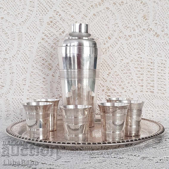 Set și tavă de cocktail-uri placate cu argint Art Deco francez