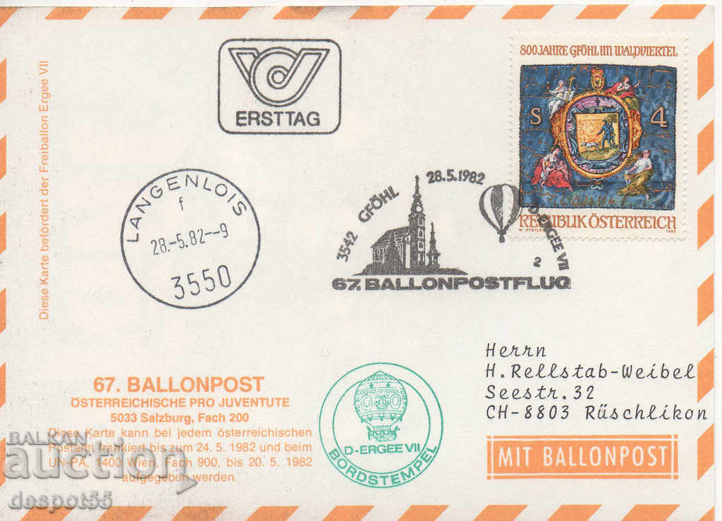 1982. Австрия. Балонна поща. Картичка.
