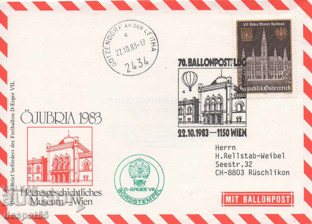 1983. Αυστρία. Ταχυδρομείο με μπαλόνι.