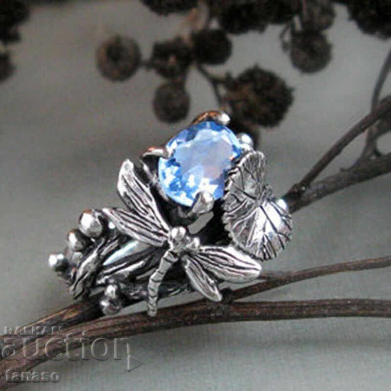 Auction Retro ring with blue topaz, leaf appliques, butterfly Auction Retro ring with blue topaz, leaf appliques, butterfly