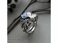 Ретро пръстен със син топаз, апликации листо, пеперуда
