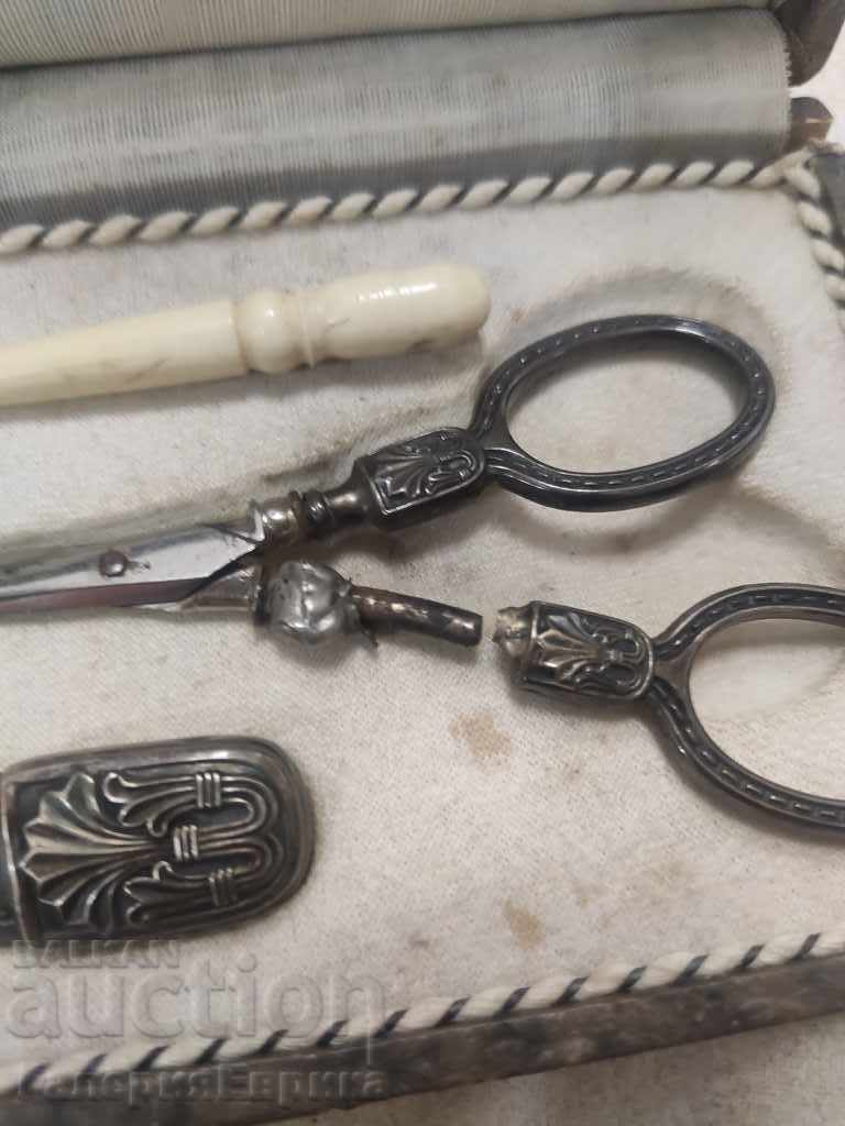 Auction Old sewing kit silver ivory Auction Old sewing kit silver ivory