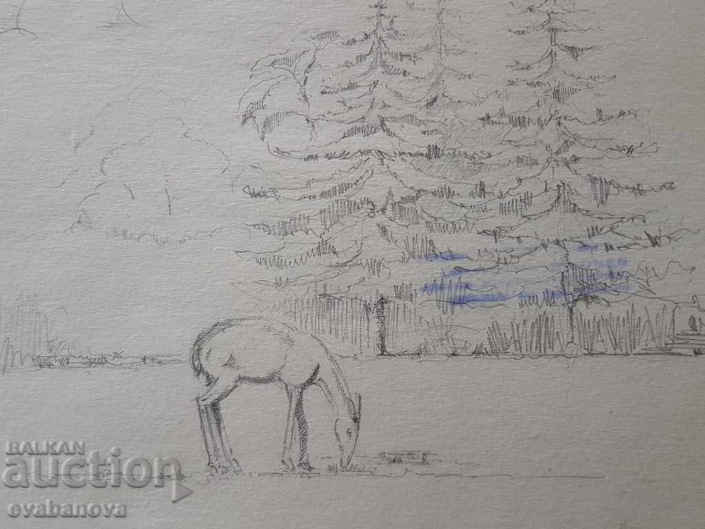 Auction Master drawing Toma Petrov1908-1972 Landscape with doe Auction Master drawing Toma Petrov1908-1972 Landscape with doe