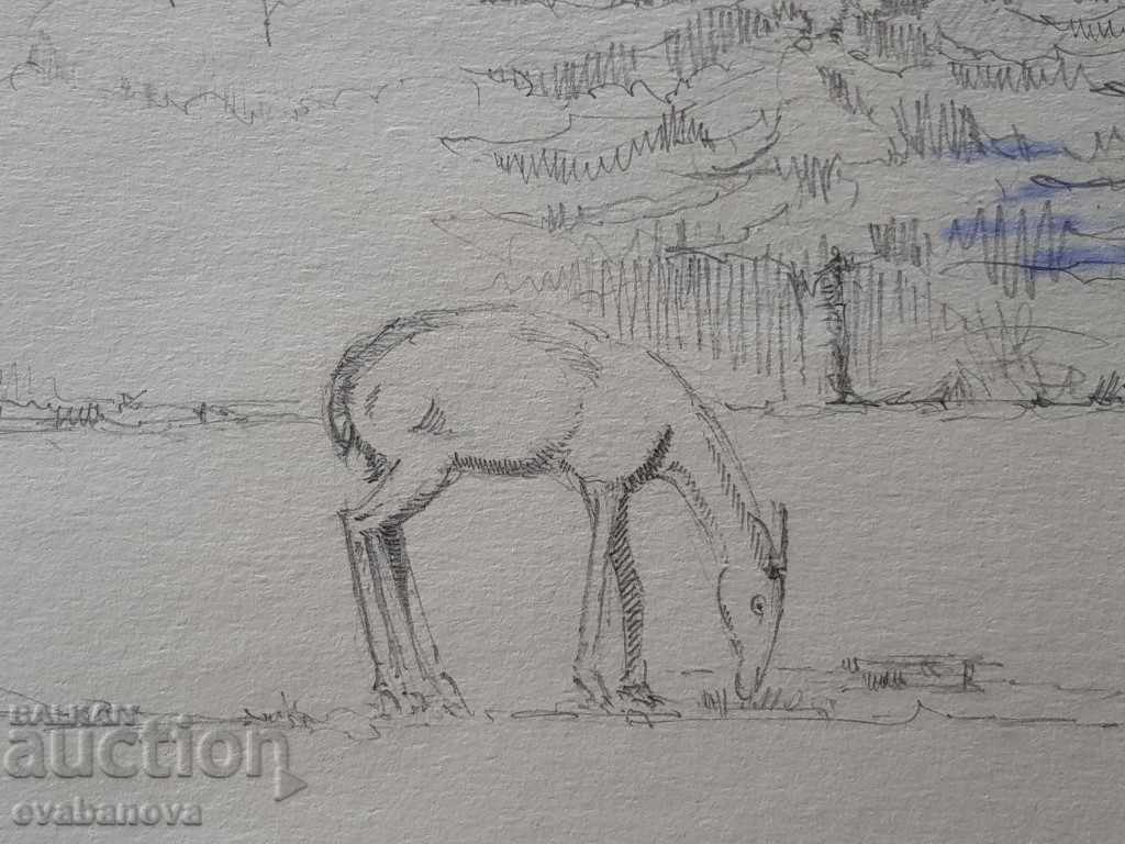 Delivery of Master drawing Toma Petrov1908-1972 Landscape with doe Delivery of Master drawing Toma Petrov1908-1972 Landscape with doe