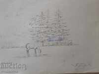 Desen maestru Toma Petrov1908-1972 Peisaj cu căprioară