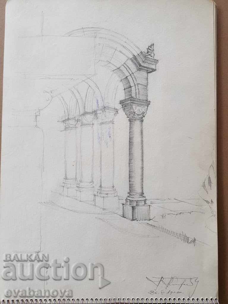 Masterful pencil drawing by Toma S. Petrov The Synodal Palace