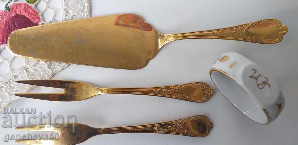 SOLINGEN spatula, forks and porcelain ring with initials