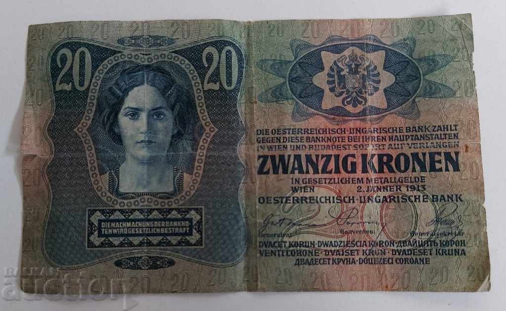1913 20 CROWN KORONA KRONEN BANKNOTE AUSTRO-HUNGARY