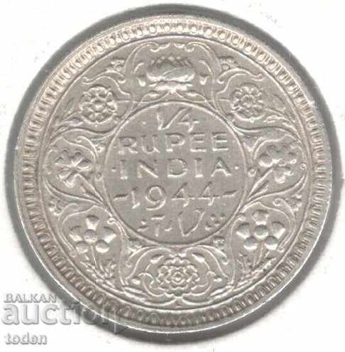 +India British-¼ Rupee-1944 L-KM# 547-George VI-Silver