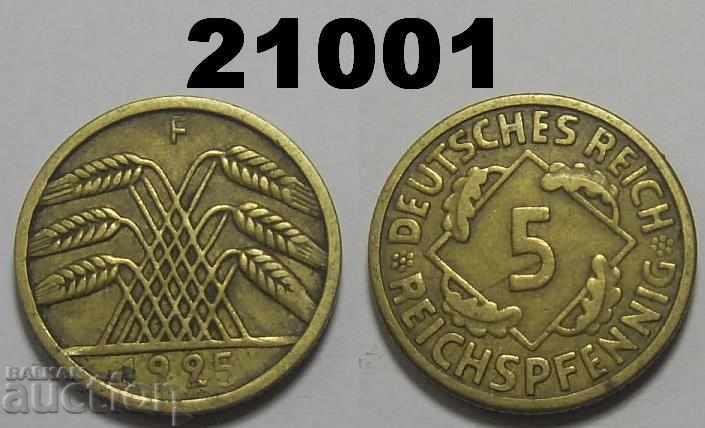 LARGE 5 !! Germany 5 Reich Pfennig 1925 F