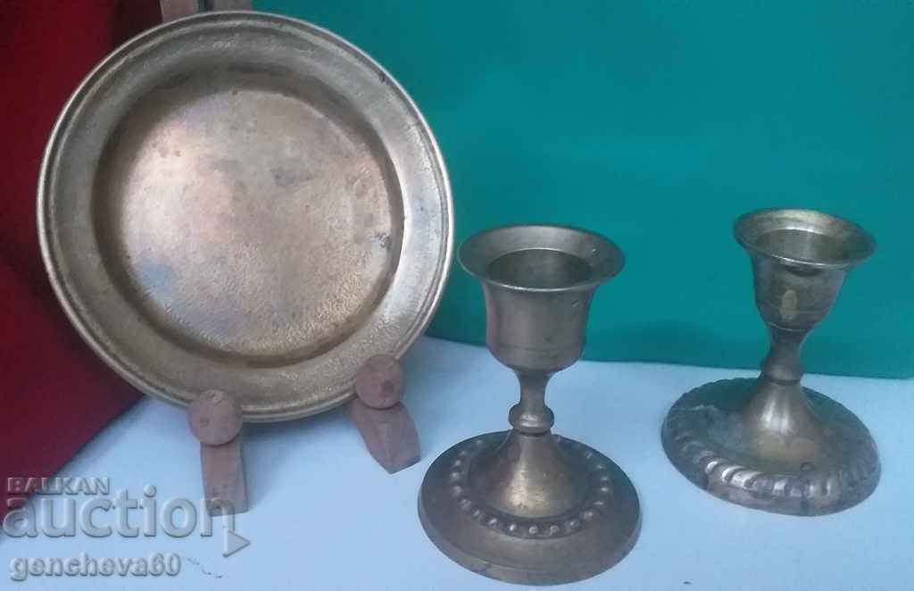 Bronze candlesticks with a plate