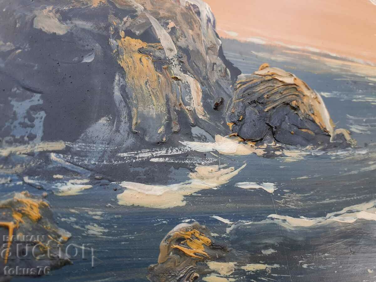 Painting Sea oil on fiberboard Peter Petrov signed - 5 Painting Sea oil on fiberboard Peter Petrov signed - 5