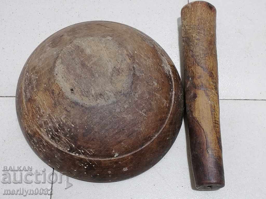 Wooden vessel mortar with hammer flask bowl wooden primitive - 5