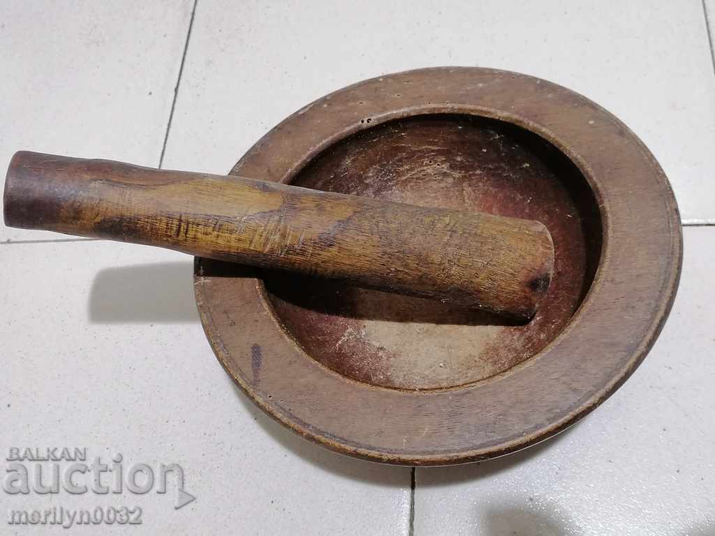 Wooden vessel mortar with hammer flask bowl wooden primitive - 6