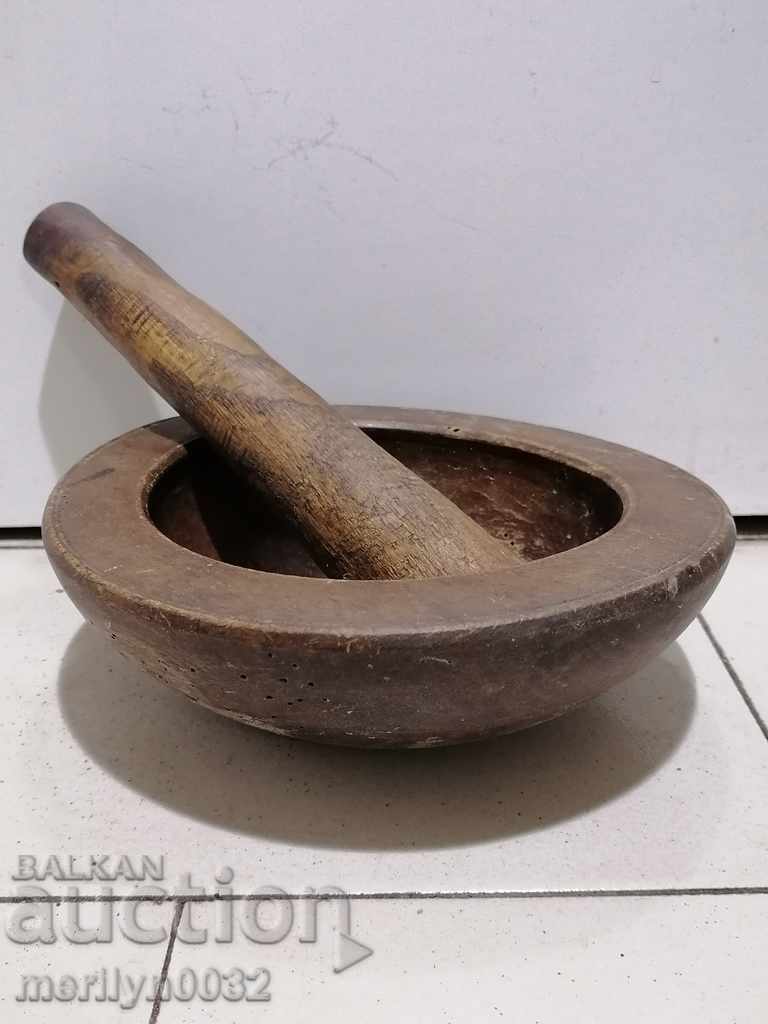 Wooden vessel mortar with hammer flask bowl wooden primitive