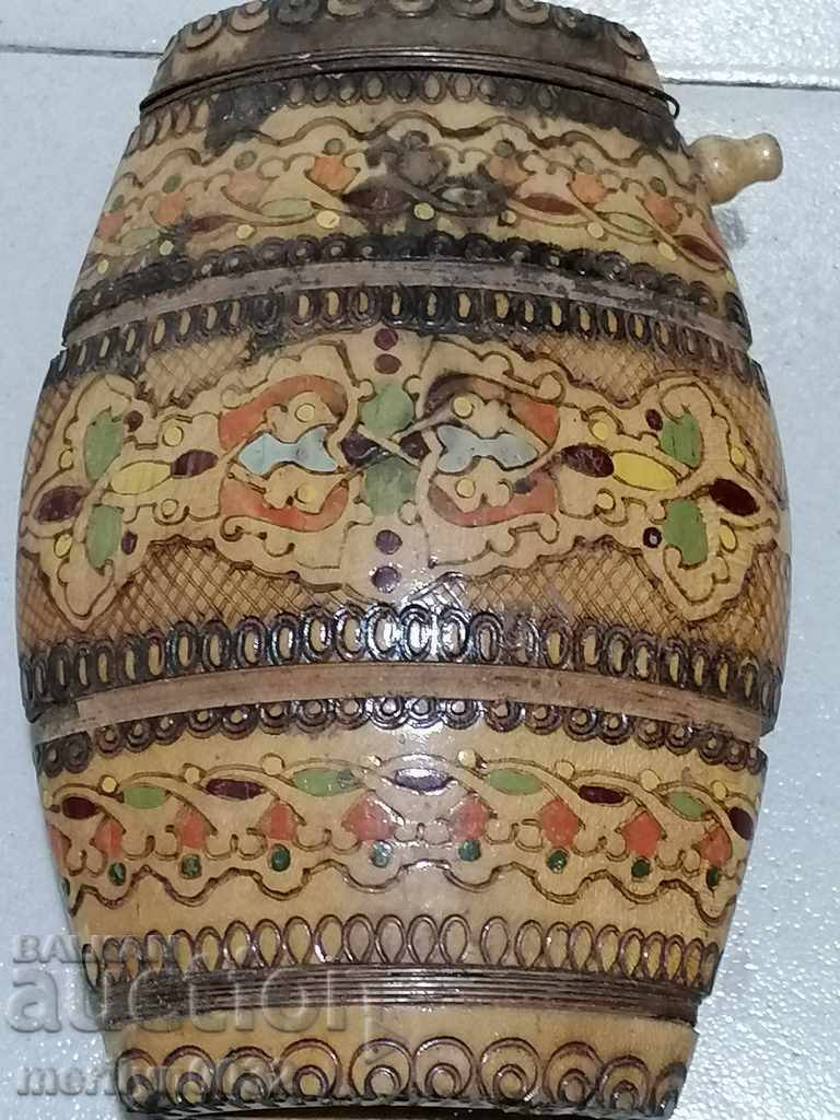 Old pyrographed pavur wooden buckle barrel barrel - 7