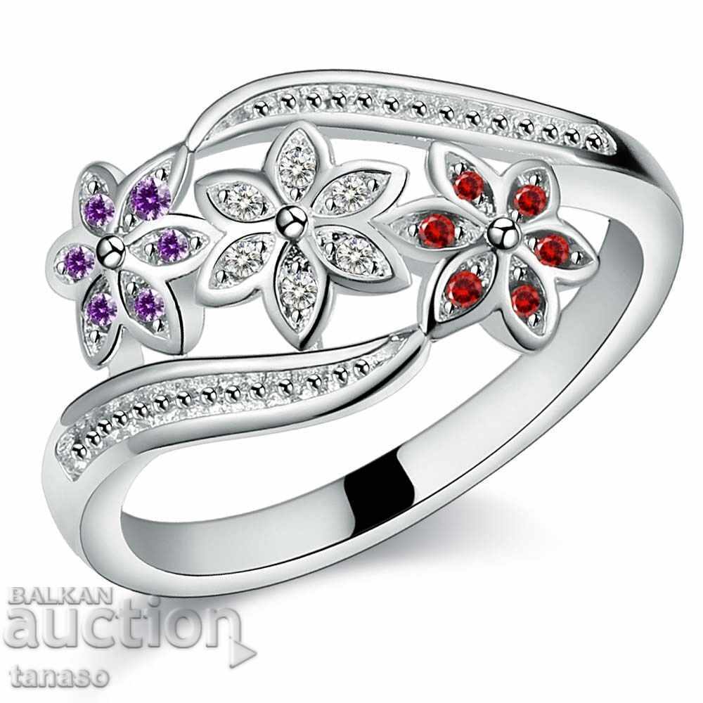 Ring with crystals and flowers, silver-plated
